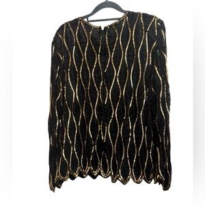 STENAY VINTAGE 80’s Silk Sequin Beaded Long Sleeve Black Gold Size XL Formal EUC